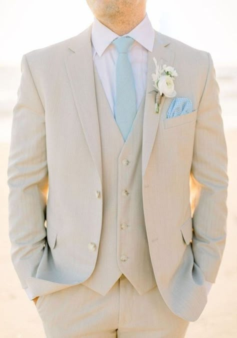 Wedding Suits Groom Beach, Cream And Blue Suits For Men, Groom Attire Light Blue, White Suit With Light Blue Tie, Suits For Spring Wedding, Pastel Blue Wedding Suit, Groom Suit Blue Light, Pale Blue Groomsmen Suits, Blue Groom Beige Groomsmen