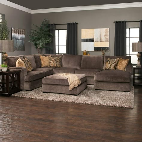 Brown L Shape Couch Living Room Ideas, Dark Brown Sofa Cushion Ideas, Rustic Sectional Living Room, Earth Tone Living Room Brown Couch, Mocha Sofa Living Room Ideas, Wrap Around Couch Living Rooms, Brown Seats Living Room Decor, Dark Brown Sectional, Tan And Brown Living Room