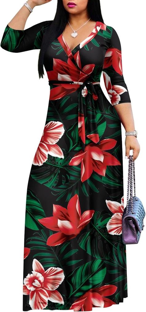 AOMONI Women's Maxi Floral Print Casual 3/4 Sleeve V-Neck Wrap Tie Waist Long Dress Red Flower Leaf Large at Amazon Women’s Clothing store Print Maxi Dresses, Maxi Dresses Summer, Long Red Dress, Floral Wrap Dress, Floral Print Maxi Dress, Flower Leaf, Floral Print Maxi, Women Maxi, Neck Wrap