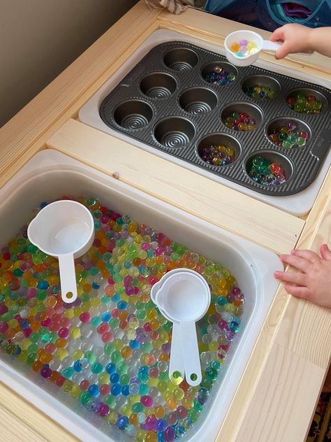 Montessori Sensory Table, Montessori Table Activities, Sensory Bin Activities Preschool, Ikea Flisat Sensory Table Ideas, Sensory Table Activities Toddlers, Trofast Activities, Toddler Sensory Table Ideas, Sensory Tables For Preschool, Preschool Sensory Table Ideas