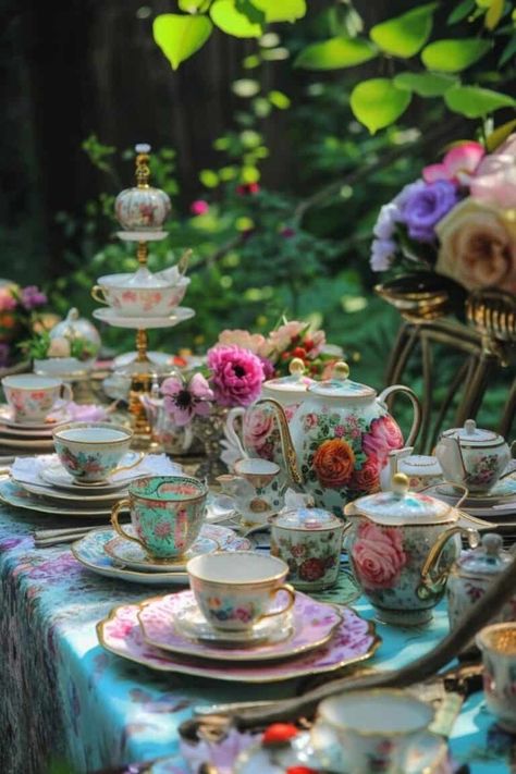 whimsical tea party Mix And Match Tea Party, European Tea Party, Fairy Tale Tea Party Ideas, Tea Party Brunch Decorations, Garden Theme Tea Party, Romantic Tea Party, English Tea Table Setting, Tea Decorations Table, Garden Tea Party Tablescapes