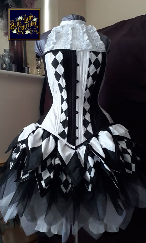 Victorian Steampunk Harlequin Outfit by Blue Lady Couture featuring ruffled cotton chemisette, bespoke corset and striking tutu skirt. Jester Style Clothing, Victorian Circus Costume, Blue Clown Costume, Victorian Clown Costume, Black And White Clown Outfit, Harlequin Outfit, Clown Corset, Clown Aesthetic Outfit, Clown Skirt