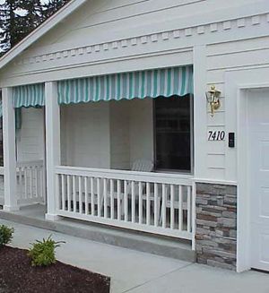 Porch Valances Cottage Awning Ideas, Colonial Awning Front Porches, Cottage Window Awning, Pink And White Awning, Porch Valance, White Vinyl Porch Railing, Porch Privacy, Porch Shades, Canvas Awnings