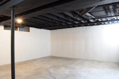 Unfished Basement Ideas, Painted Basement Floor, Black Basement Ceiling, Aspen Bedroom, Unfinished Basement Ceiling, Exposed Basement Ceiling, Basement Ceiling Painted, Concrete Basement Walls, Concrete Basement Floors