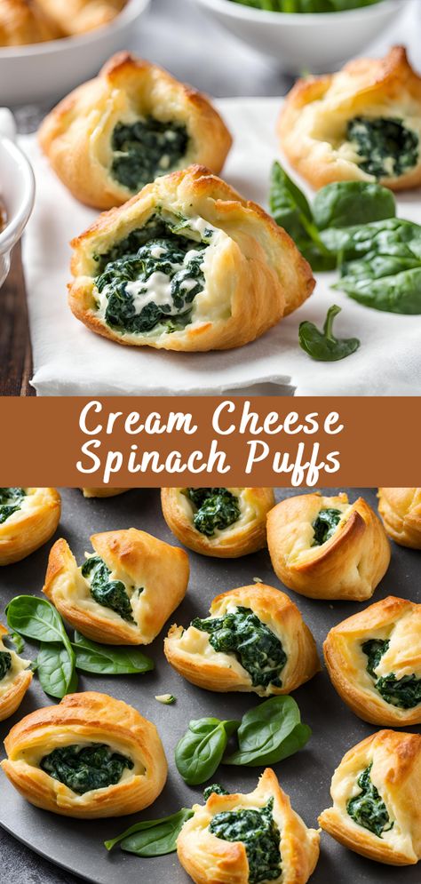 Cream Cheese Spinach Puffs | Cheff Recipes Spinach Cheese Puff Pastry, Spinach Philo Pastry Recipes, Easy Christmas Savory Snacks, Spinach Cream Cheese Puff Pastry, Puff Pastry Recipes Cream Cheese, Cream Cheese Spinach Puffs, Spinach Danish, Savory Puff Pastry Recipes Appetizers, Savory Pastry Recipes