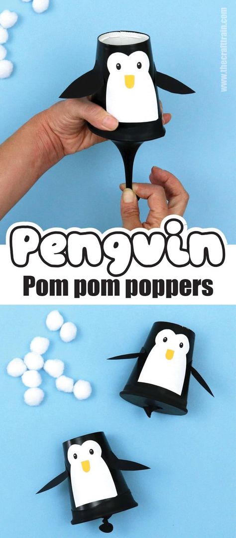 pom pom shooter made to look like a penguin Fun Winter Crafts For Preschoolers, Easy Crafts For Holidays, Winter Camp Ideas For Kids, Mr Poppers Penguins Party, January Activity For Kids, Winter Party Craft 3rd Grade, Winter Class Party Crafts, Kids Penguin Crafts, Penguin Toilet Paper Roll Craft