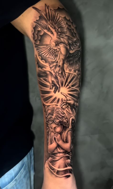 Men’s Tattoo Forearm Sleeve, Mens Tattoos Sleeves Ideas, Angel Arm Sleeve Tattoo, Clock Tattoo Sleeve Men, Tätoo Arm Man, California Sleeve Tattoo, Shoulder And Bicep Tattoo Men, Lighting Arm Tattoo, Men’s Family Arm Sleeve Tattoo