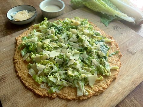 Taking chicken crust Caesar salad pizza from trend to table reality Chicken Caesar Salad Pizza, Caesar Pizza, Caesar Salad Pizza, Fajita Pizza, Chicken Crust, Salad Pizza, Romaine Salad, Buffalo Chicken Pizza, Twin Daughters