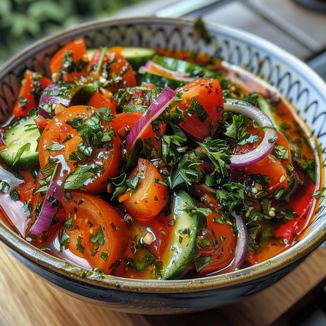 Fresh Tomato and Cucumber Salad Ingredients: 4 large tomatoes, chopped 2 cucumbers, sliced 1 red onion, thinly sliced 1/4 cup fresh parsley, chopped 1/4 cup fresh cilantro, chopped 2 tablespoons fresh mint, chopped 1/4 cup extra-virgin olive oil 2 tablespoons red wine vinegar 1 tablespoon lemon juice 1 garlic clove, minced Salt and freshly ground black pepper to taste Preparation: Preparing the Vegetables: Chop the Tomatoes: Wash the tomatoes thoroughly and chop them into bite-sized pieces. ... Onion Peel, Tomato And Cucumber Salad, Cucumber And Tomato Salad, Tomato And Cucumber, Cucumber And Tomato, Salad Recipes Lunch, Corn Salad Recipes, Roasted Root Vegetables, Cucumber Recipes