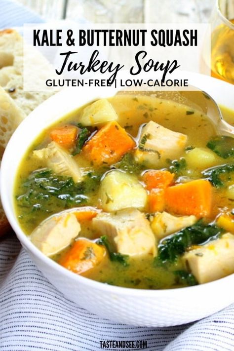 You'll love this healthy, easy Kale and Butternut Squash Turkey Soup! #GlutenFreeRecipes #TurkeyRecipes #ButterNutSquashSoup #Kale #SoupRecipes #ThanksgivingLeftovers #TasteAndSee A hearty reprieve from all that decadent holiday eating! Butternut Squash Turkey, Kale Butternut Squash, Acorn Squash Soup, Butternut Squash Kale, Beef Stew Recipes, Turkey Soup Recipe, Recipes Chili, Soup And Stew Recipes, Squash Soup Recipe