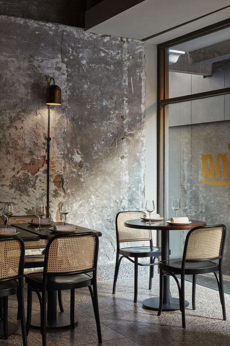 Pink marble and patchy concrete emulate ancient Rome in Melbourne’s Pentolina pasta bar Hostel Design, Pasta Bar, Stone Facade, Brass Wall Lamp, Masonry Wall, Bar Interior, Restaurant Ideas, Wooden Beams, Cafe Shop