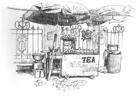 Tea Stall Drawing, Tea Stall, Live Sketching, Figure Sketch, Whimsical Art Journal, Daily Sketch, Stall Designs, Perspective Art, Food Stall