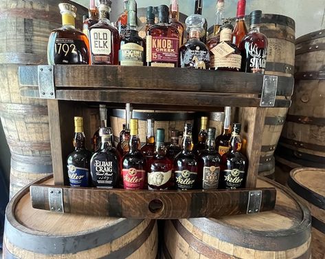 Ultimate Complete Garden Outside Pub Bar Set of Three Complete With a Six Optic Rack - Etsy Wine Barrel Bar Ideas, Barrel Shelves, Bourbon Shelf, Diy Outdoor Bar Plans, Barrel Stave Ideas, Wine Cork Christmas Tree, Diy Outdoor Bar, Bourbon Gifts, Rustic Wall Shelves