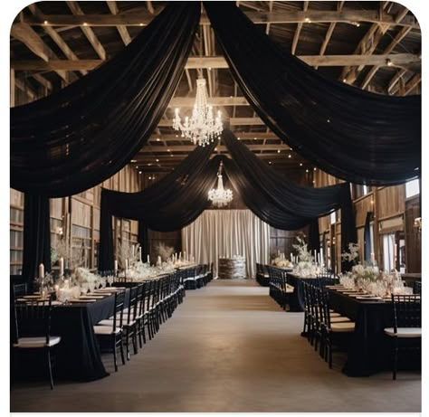 Drapery Ceiling, Wedding Drapery, Black Wedding Decorations, Dark Wedding Theme, Ribbon Tassel, Black And White Wedding Theme, White Wedding Theme, Goth Wedding, Dark Wedding