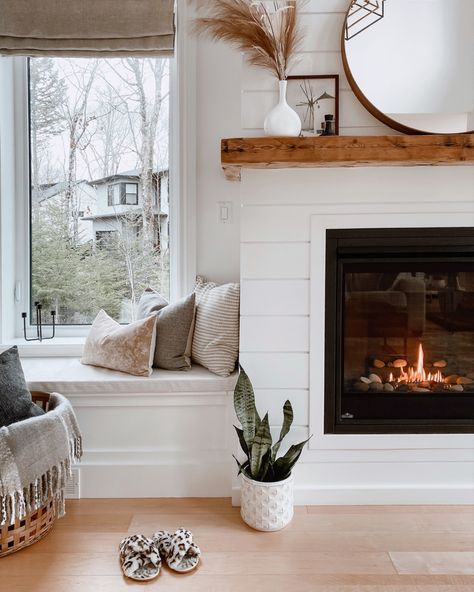 Living Room Fireplace Windows On Side, Benches Under Windows Living Room, Window Seats By Fireplace, Window Seats Flanking Fireplace, Fireplace With Window Benches On Each Side Under Windows, Fireplace In Window, Benches By Fireplace, Windows On The Side Of Fireplace, Window Bench Fireplace