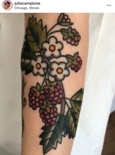 American Traditional Blackberry Tattoo, Salmonberry Tattoo, American Traditional Berry Tattoo, Blackberry Tattoo Traditional, Traditional Raspberry Tattoo, Traditional Mushroom Tattoo, American Traditional Back Piece, American Traditional Flowers, Raspberry Tattoo