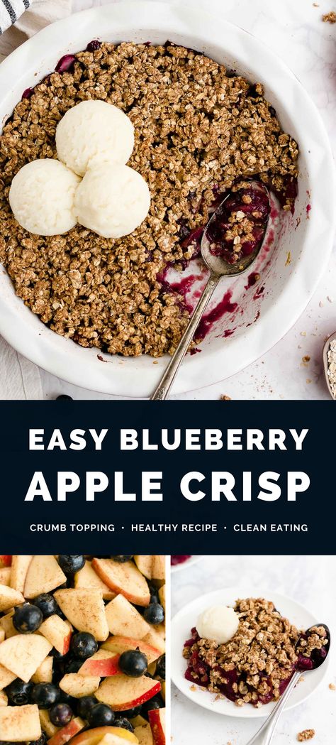 This healthy blueberry apple crisp recipe is EASY to make! Juicy fruit, naturally sweetened, an oat crumble topping… And lightened up — with a full serving of fruit in every piece! Perfect for spring & summer! (This fruit crumble is healthy enough for breakfast too!) ♡ Apple blueberry crisp healthy. Apple blueberry crumble recipe. Blueberry apple crisp gluten free vegan. Easy healthy fruit crisp recipe. Fruit crumble recipe simple. Fruit crisp recipe with oats. Apple And Blueberry Crisp, Blueberry Apple Crisp, Blueberry Crisp Healthy, Apple Crisp Easy Recipe, Apple Berry Crisp, Apple Crisp Crumble, Apple Blueberry Crisp, Apple Blueberry Crumble, Apple Crisp Gluten Free