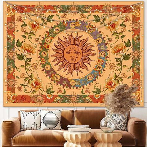 Indie Tapestry, Tapestry For Bedroom, Sun And Moon Tapestry, Boho Orange, Dorm Living Room, Moon Tapestry, Living Room Orange, Living Room Dorm, Boho Tapestry