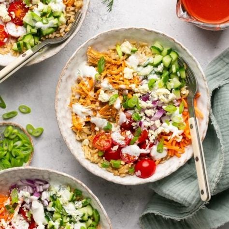 Buffalo Chicken Rice Bowls - Mary's Whole Life Mary’s Whole Life Buffalo Chicken, Buffalo Rice Bowl, Protein Ranch Dressing, Buffalo Shredded Chicken, Buffalo Chicken And Rice, High Protein Ranch, Buffalo Rice, Shredded Chicken Rice, Buffalo Chicken Bowl