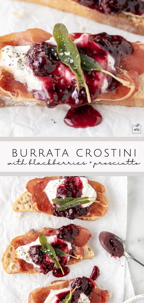 This creamy burrata crostini is layered with crispy prosciutto, a sweet and tangy blackberry honey sauce and fragrant fried sage leaves. Serve with sparkling wine for the best summer appetizer. Follow me on Pinterest for more recipes like this. Chia Seed Breakfast Pudding, Burrata Crostini, Simple Summer Desserts, Blackberry Honey, Recipes For A Party, Burrata Recipe, Fried Sage, Crostini Recipe, Blackberry Sauce