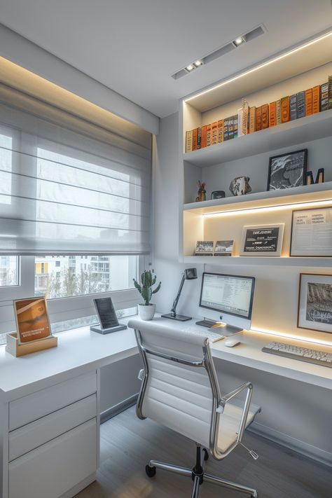 Serene & Stylish Home Office: A Modern Setup for Peak Productivity White Office Setup, Dual Desk Home Office, Dual Office Ideas Home, Corner Desk Setup, Corner Home Office, White Corner Desk, White Bookshelf, Desk Lighting, Stylish Home Office