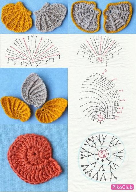 Shells Made From Crochet! Graphics And Ideas Crochet Beach Appliques, Crochet Sea Shells Pattern Free, Nautilus Crochet, Crochet Seashell Applique, Maxi Dress Ideas, Crochet Seashell, Nautical Crochet, Crochet Coral, Crochet Applique Patterns Free