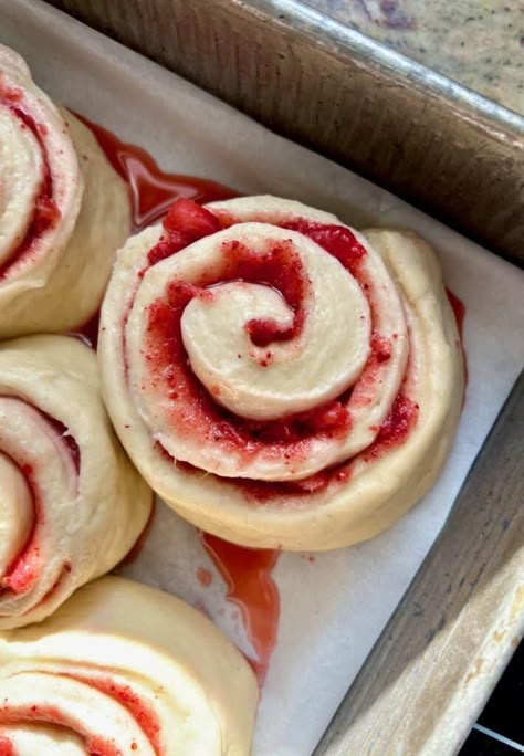 Strawberry Sourdough Rolls - Amy Bakes Bread Strawberry And White Chocolate Sourdough, Sourdough Strawberry Sweet Rolls, Raspberry White Chocolate Sourdough Loaf, Strawberry Shortcake Sourdough, Strawberry Cream Cheese Sourdough Bread, Strawberry Sourdough Rolls, Sweet Sourdough Bread Inclusions, Sweet Sourdough Loaf Recipes, Sourdough Bread Inclusions Ideas