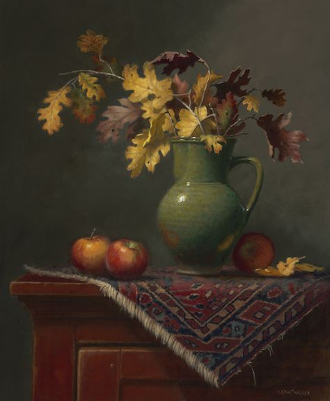 In the South of the USA winter feels more like Fall which serves as an inspiration for many artists including artist Ann Kraft Walker from Texas. "Pieces of Autumn" is a well thought Still Life composition with the use of an unified color palette that helps to bring all the elements together. Fairy Fruit, Static Nature, Still Life References, Autumn Still Life, Pumpkin Oil, Landscape City, Still Life Images, Painting Competition, Oil Painting Techniques