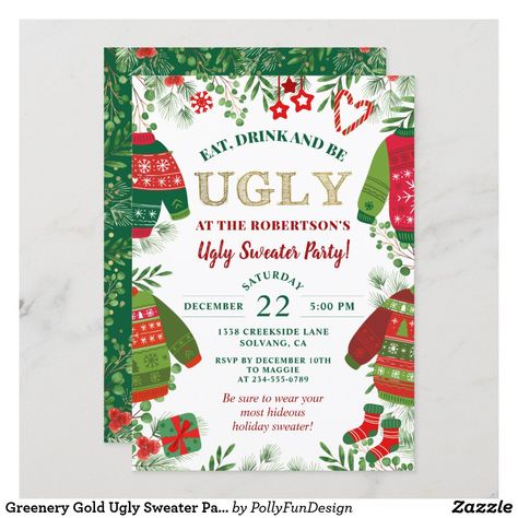 Greenery Gold Ugly Sweater Party Christmas Holiday Invitation Christmas Party Invite Ideas, Christmas Party Invitations Ideas, Office Christmas Party Invitation, Christmas Invitations Ideas, Funny Christmas Party Invitations, Ugly Sweater Invitations, Ugly Christmas Sweater Party Invitations, Xmas Party Invitations, Ugly Sweater Party Invitations