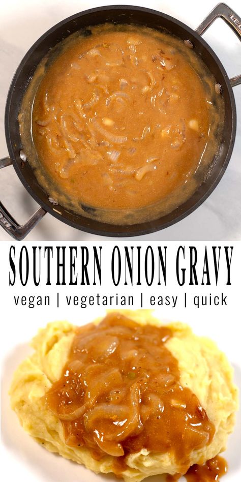 Southern Onion Gravy is a rich and savory classic recipe and a Southern comfort food staple, featuring caramelized onions in a flavorful homemade gravy. Perfect for smothering biscuits, mashed potatoes, or your favorite comfort dish, this Southern Onion Gravy will elevate your meal to new levels of deliciousness. #contentednesscooking #oniongravy #vegan #vegetarian #southern Brown Onion Gravy, Onion Gravy Recipe, Vegetarian Gravy, Mediterranean Diet Recipes Dinners, Budget Friendly Meals, Vegan Easter, Southern Comfort Food, Homemade Gravy, Onion Gravy