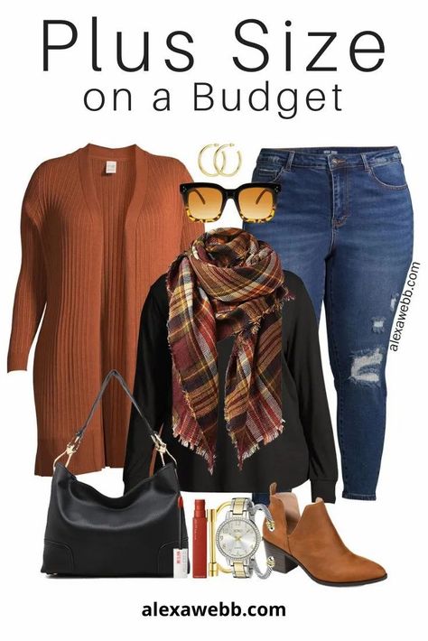 Sep 1, 2020 - Two plus size budget outfits with a rust cardigan and plaid blanket scarf. One with jeans and the other with a t-shirt dress. Plus Size On A Budget, Plus-koon Muoti, Party Outfit Plus Size, Rust Cardigan, Alexa Webb, Plus Size Winter Outfits, Budget Outfits, Plus Size Fall Outfit, Plus Size Fall Fashion