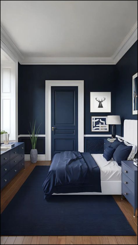 10 Navy Blue Bedroom Ideas For Men With Black and White Wall Art Blue Male Bedroom, Room Color Ideas Bedroom Men, Male Room Ideas Masculine Bedrooms, Blue Bedroom Ideas For Men, Male Room Decor, Navy Room Decor, Man Bedroom Ideas, Bedroom For Men, Small Bedroom Ideas For Men