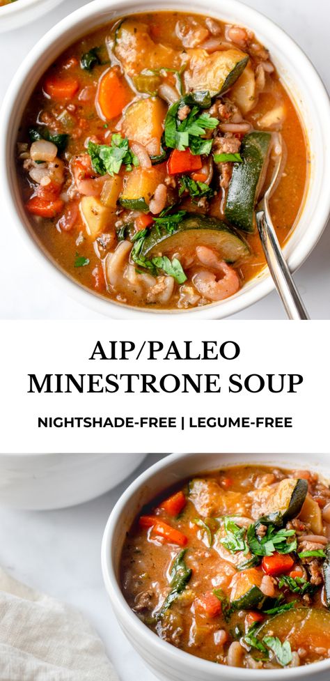 A rich and hearty AIP/Paleo Minestrone Soup made without tomatoes or legumes. #healmedelicious #aip #paleo #aiprecipes #paleorecipes #aipdiet #autoimmunepaleo #aipprotocol #glutenfree #glutenfreerecipes #paleosoups #paleominestrone #aipminestrone #paleominestronesoup #tomatolessminestronesoup #onepotmeals #top8free #allergyfriendly #healthydinner #easymeals #maindishrecipes #easyhealthymeals #nightshadefree #legumefree #groundbeefvegetablesoup #winterrecipes #wintersoup Paleo Veggie Soup, Aip Packed Lunch, Paleo Slow Cooker Soup, Whole 30 Minestrone Soup, Easy Aip Work Lunches, Aip Christmas Breakfast, Paleo Minestrone Soup, Aip Recipes Soup, Healthy Healing Soup