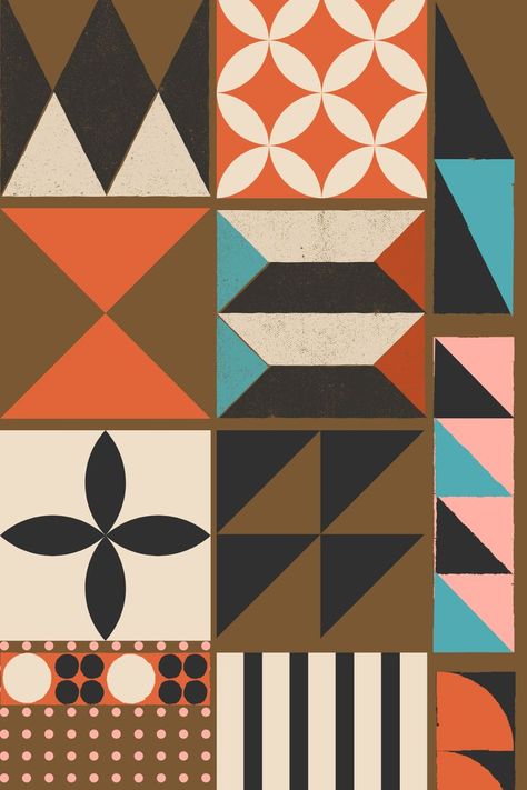 geometric shapes in orange, brown, blue and pink and beige Modern Interiors, Mid Century Style, Modern Interior, Geometric Shapes, Vivid Colors, Wall Art Prints, Abstract Art, Meditation, Illustrator