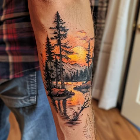 Alaska Landscape Tattoo, Mountain Cabin Tattoo, Sunrise Tattoo Men, Sunrise Over Mountains Tattoo, Watercolor Tattoo Men, Bob Ross Tattoo, Nature Sleeve Tattoo For Men, Sunset Tattoos For Women, River Tattoo Ideas