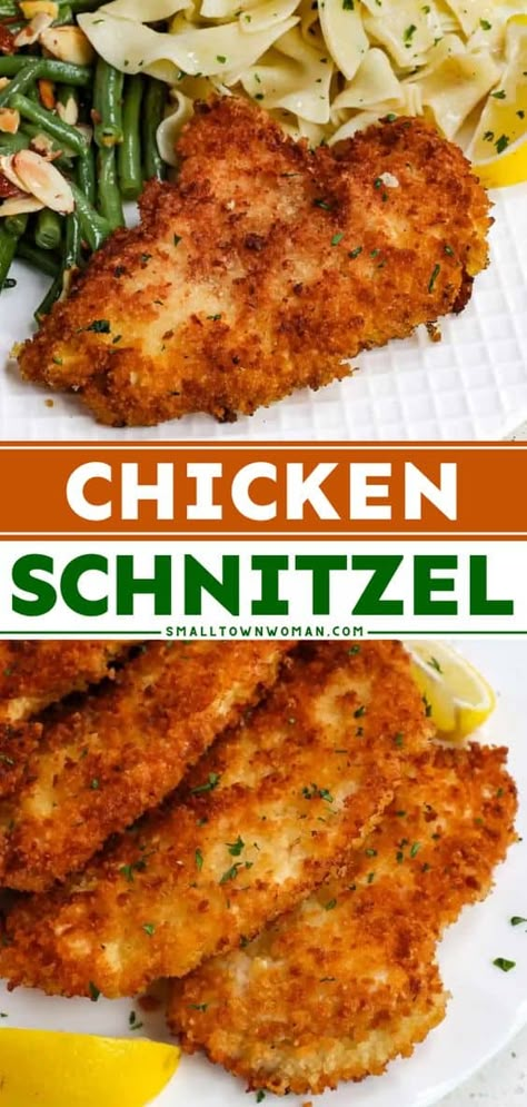 Need a simple meal under 30 minutes? Here's a quick dinner idea featuring breaded chicken cutlets! Pan-fried to perfection, this chicken schnitzel recipe comes out crispy on the outside while being moist and tender on the inside! What To Do With Chicken Cutlets, Breaded Chicken With Sauce, Recipes With Chicken Cutlets, Pan Fried Breaded Chicken, Crispy Chicken Schnitzel, Sunday Family Dinner Ideas, Chicken Schnitzel Recipe, Baked Chicken Cutlets, Cutlet Recipes