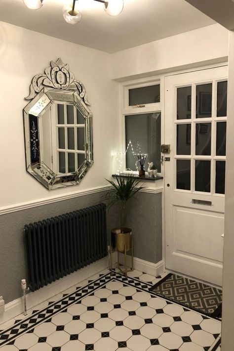 If you're looking to create a classic look in your hallway, you can't go wrong with Victorian-style tiles. We absolutely love this enchanting entrance from customer Claire Hannington in Hertfordshire, using our Regent floor tiles. The style works so well in a period property, with the monochrome complementing the soft greys and bright whites perfectly! Floor Kitchen, Victorian Hallway Tiles Entrance Halls, Black And White Tiles Hallway Entry Hall, Black And White Entrance Tiles, Victorian Hall Floor Tiles, Grey Floor Tiles Living Room, Tile Patio Floor, Black And White Victorian Tiles Hallway, Diamond Tile Pattern