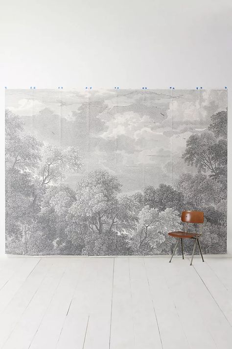 Etched Arcadia Mural | Anthropologie Anthropologie Wallpaper, Bathroom Mural, Scenic Wallpaper, Retro Living Rooms, Vintage Landscape, Classic Decor, Nature Inspired Design, Landscape Wallpaper, Beautiful Wall