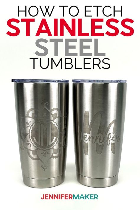 DIY Etched Stainless Steel Tumblers on a white background Etched Tumblers, Diy Wood Carving, Glass Etching Diy, Etching Diy, Cricut Stencils, Cricut Explore Projects, Dremel Projects, Dremel Wood Carving, Vinyl Tumblers