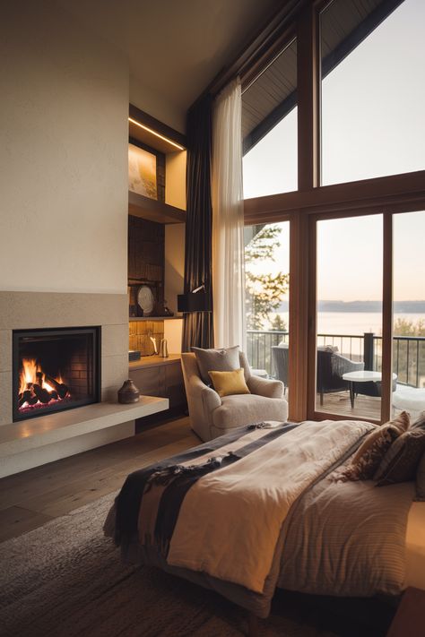 45 Jaw-Dropping Master Bedroom Ideas You Need to See Fireplace Primary Bedroom, Primary Bedroom Fireplace Wall, Patio Off Master Suite, Bedroom Gas Fireplace Ideas Master, Fireplace Master Bed, Earthy Master Room Bedroom Ideas, Bedroom Fireplace Ideas Master, Large Master Bedrooms With Sitting Area, Fireplace Bedroom Ideas Master Suite