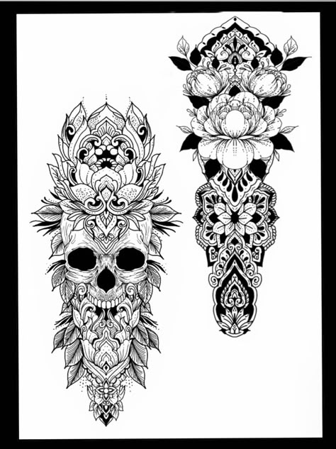 Geometric Skull Tattoo Men, Mandala Tattoo Stencil Men, Mandala Skull Tattoo Design, Goth Sleeve Tattoo, Geometric Forearm Tattoo, Flower Tattoo Leg, Geometric Tattoo Filler, Arm Cover Up Tattoos, Basic Shading