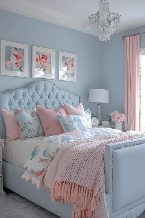 Blue And Pink Girls Bedroom, Blue Pink Room, Light Blue And Pink Bedroom, Girly Series, Pink And Blue Room, Pink And Blue Bedroom, Bedroom Girly, Light Blue Rooms, Blue Girls Rooms