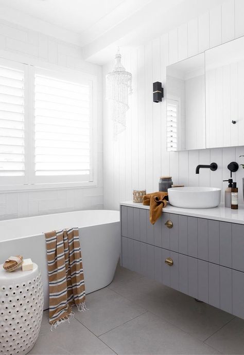 Vj Panelling Bathroom, Modern Hamptons Bathroom, Bathroom Styling Ideas, Light Grey Bathrooms, Grey And White Bathroom, Grey Bathroom Tiles, Grey Floor Tiles, Small Bathroom Renovations, Hampton Style