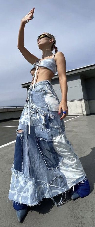 Layered Denim Dress, Re Worked Denim, Denim Skirt Painting Ideas, Unique Denim Outfit, Denim Fashion Design, Patchwork Fashion Runway, Denim Festival Outfit, Denim High Fashion, Denim Redesign