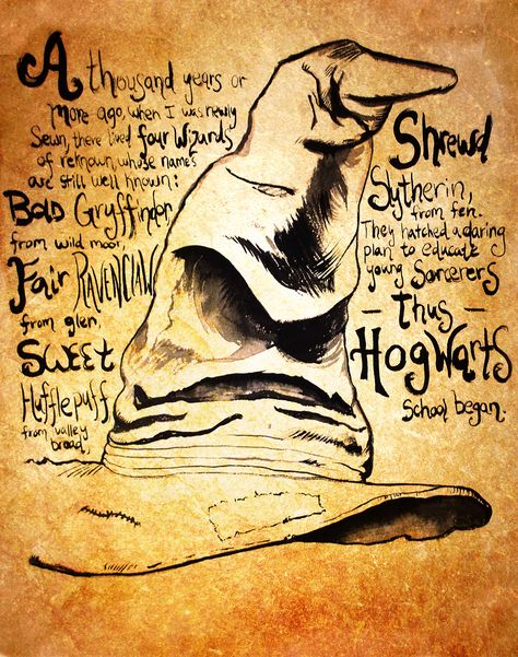 An Illustration of the sorting hat from the Harry Potter series, along with the sorting hat's poem. Sorting Hat Drawing, Harry Potter Sketch, Hat Quotes, Classe Harry Potter, Harry Tattoos, The Sorting Hat, Hat Drawing, Harry Potter Sorting, Harry Potter Sorting Hat