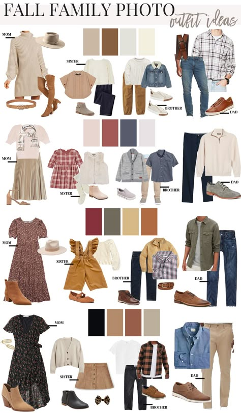 What To Wear For Family Pictures Fall, Fall Family Pics Outfits Color Combos, Fall Colors Family Pictures, Family Fall Pictures Outfits Neutral, Fall Outfit Photoshoot Family Pics, Photography Outfit Guide, Neautral Clothing Photoshoot Family, Family Photos Brown Color Schemes, Color Palette For Clothes Outfit Ideas