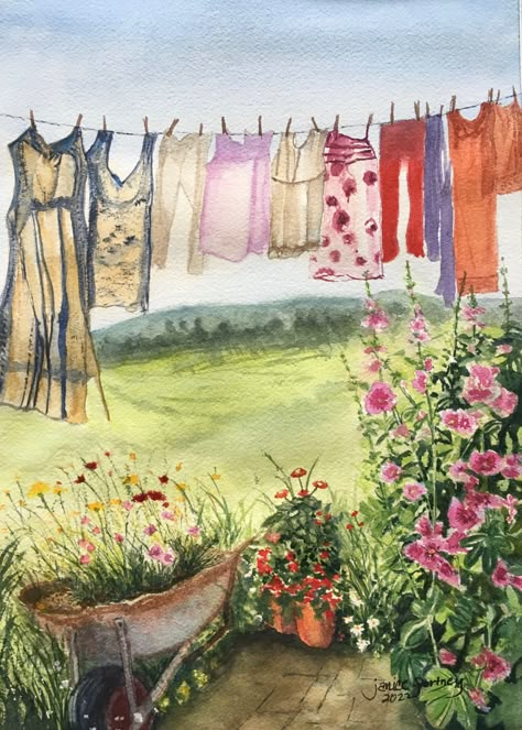 Clothes Line Watercolor Painting, Clothesline Painting, Laundry Garden, Laundry Art, Clothes Lines, Farmhouse Paintings, Line Drying, Diy Watercolor Painting, Art Corner