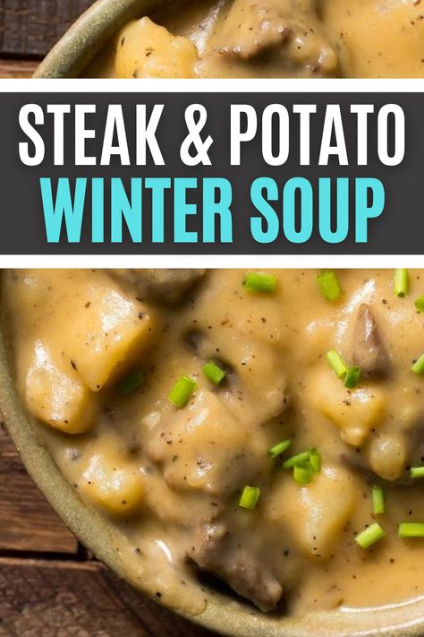 Steak And Ale Chowder, Cheesy Steak And Potato Soup, Disney Potato Soup, Steak Potato Soup Recipes, Potato Soup With Steak, Steak And Potato Soup Recipes, Creamy Beef And Potato Soup, Beef Steak Soup Recipes, Steak And Potato Soup Instant Pot