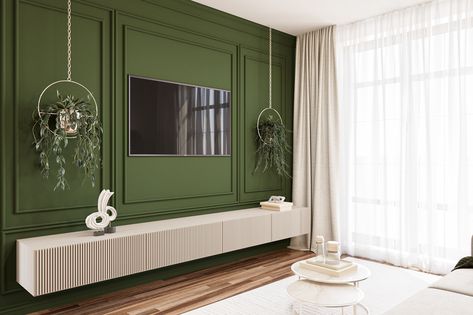 3D visualization of LIVING ROOM :: Behance Green Tv Wall, Tv Wall Design, Living Room Green, Diy Wood Projects Furniture, 3d Visualization, Tv Room, Autodesk 3ds Max, Green Wall, Tv Wall