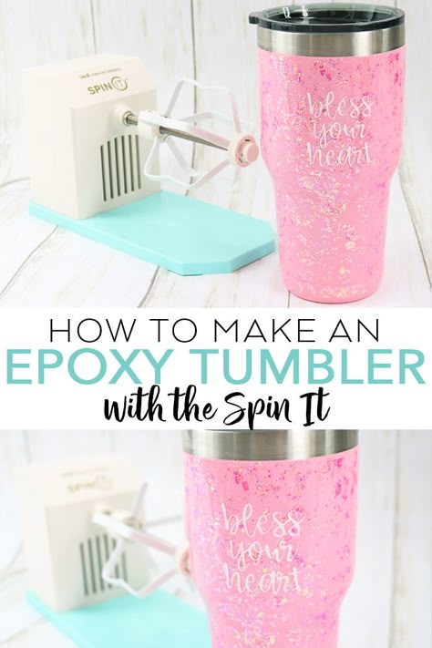 Learn how to use the Spin It from We R Memory Keepers to make an epoxy tumbler! You will love the glitter tumblers you can make with this! #tumbler #cricut #cricutmade #glitter #epoxy #epoxyresin Tumbler Cups How To Make, How To Make Personalized Tumblers, How To Make Custom Tumblers, Diy Tumblers How To Make, Epoxy Cups Diy, Exopy Tumblers, Diy Tumbler Cups, Tumbler Cricut, Making Tumblers